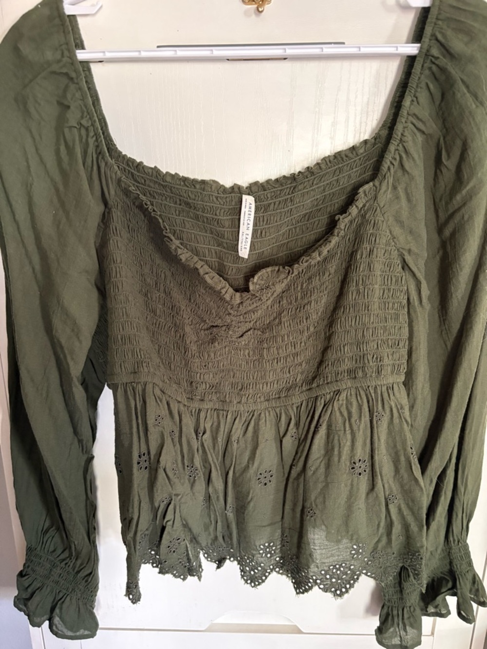 EUC XXL AE Smocked Olive Green Long-Sleeve Peplum Top eyelet